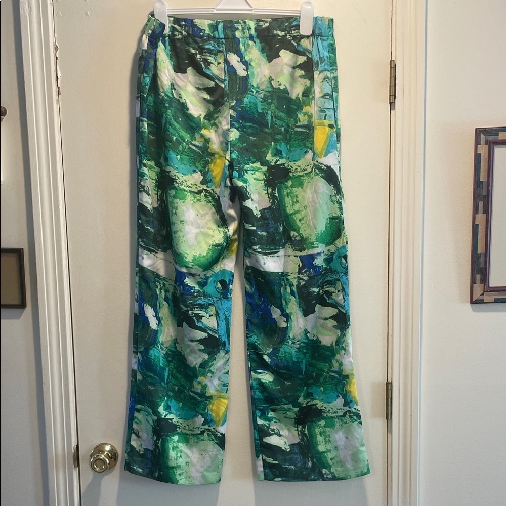 Timeless Naeem Khan Watercolor Abstract Green and Blue Wide Leg Pull Up Pants - Picture 7 of 11